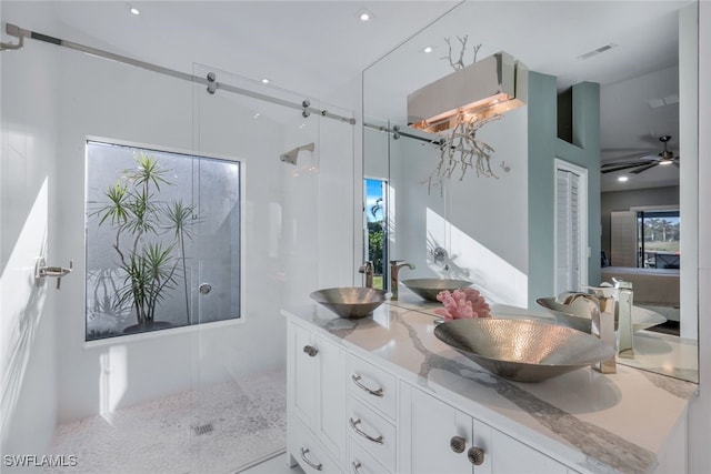 bathroom with vanity, a healthy amount of sunlight, and an enclosed shower