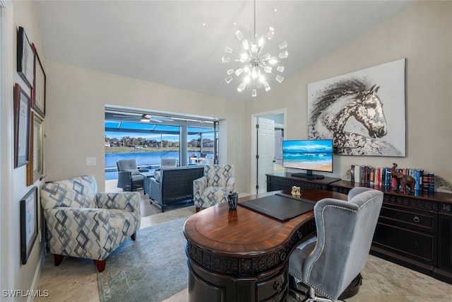 home office with lofted ceiling and a notable chandelier