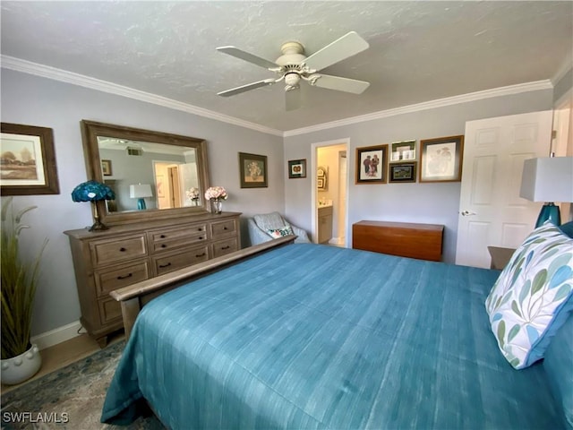 bedroom with crown molding, connected bathroom, and ceiling fan