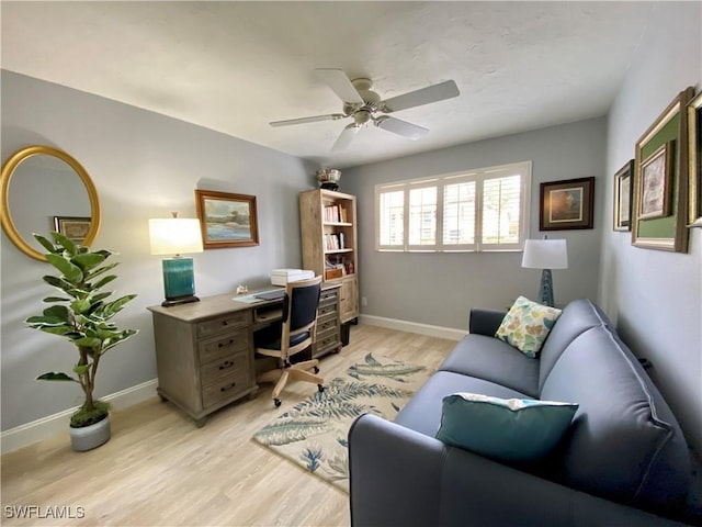 office with ceiling fan and light hardwood / wood-style flooring