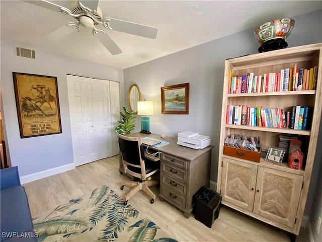 office area with ceiling fan and light hardwood / wood-style floors