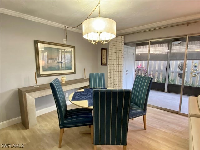 dining space with crown molding and wood-type flooring