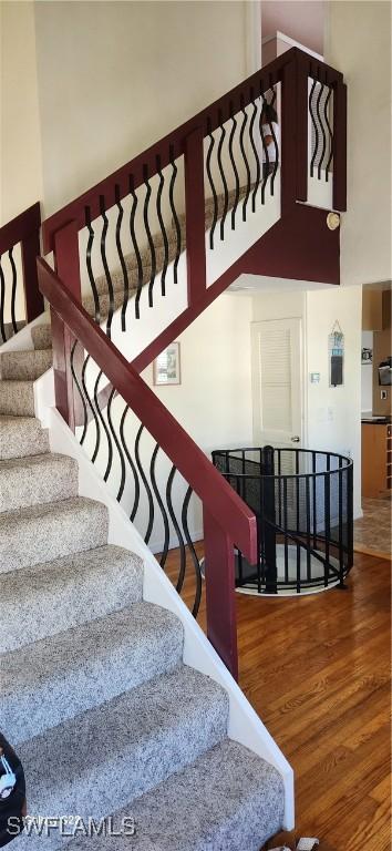 staircase with a high ceiling and wood finished floors