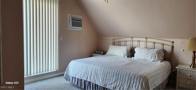 carpeted bedroom with lofted ceiling and a wall mounted AC