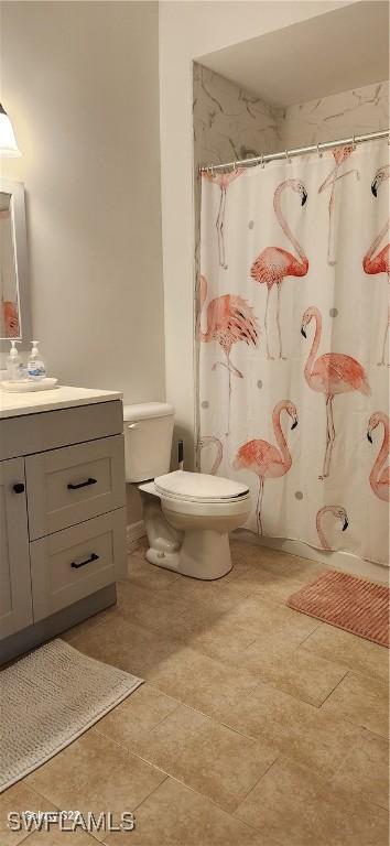 full bathroom featuring toilet, curtained shower, and vanity