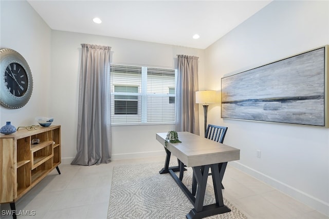 home office with light tile patterned floors