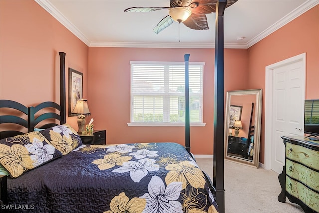 bedroom featuring ceiling fan, light carpet, and ornamental molding