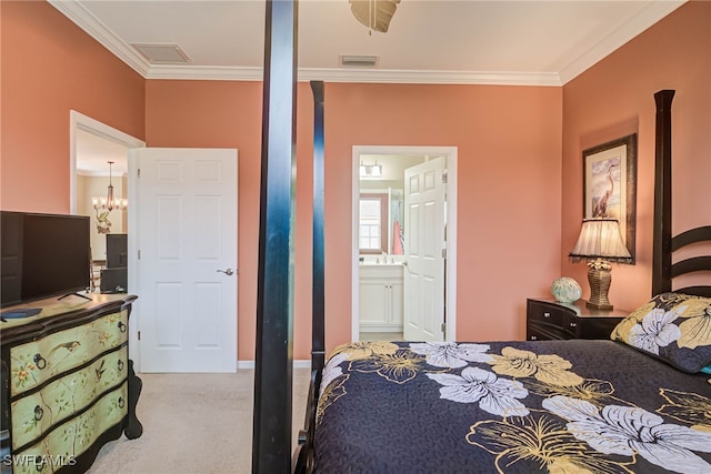 bedroom with ensuite bath, light carpet, ceiling fan with notable chandelier, and crown molding