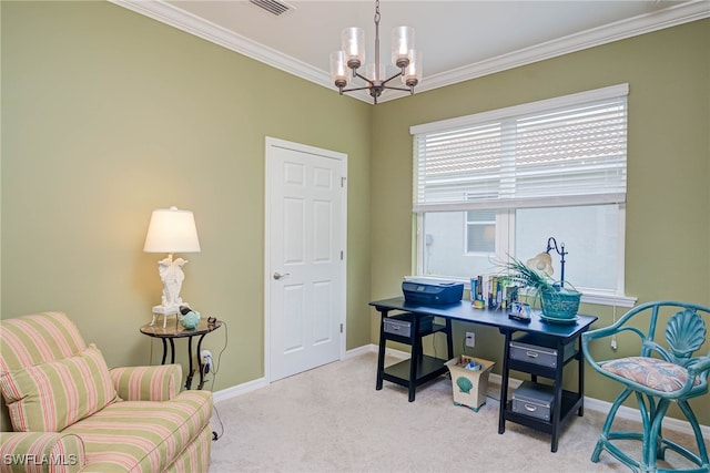 office area with light carpet, an inviting chandelier, and ornamental molding