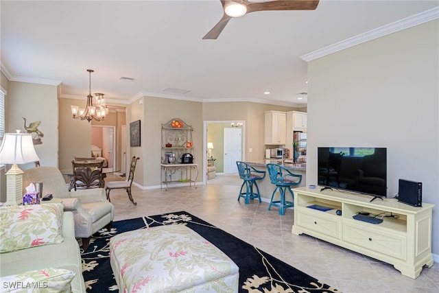 living room with ceiling fan with notable chandelier, light tile patterned floors, and ornamental molding