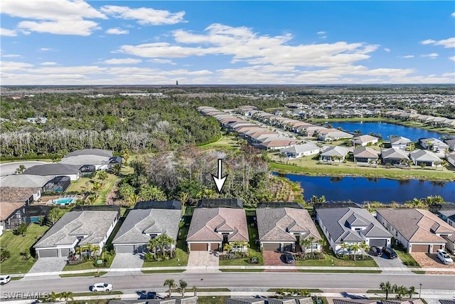 aerial view featuring a water view