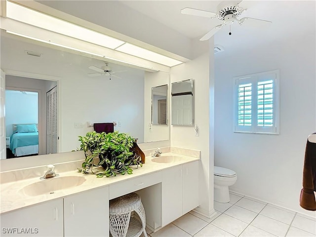 full bathroom with toilet, a ceiling fan, a sink, and tile patterned floors