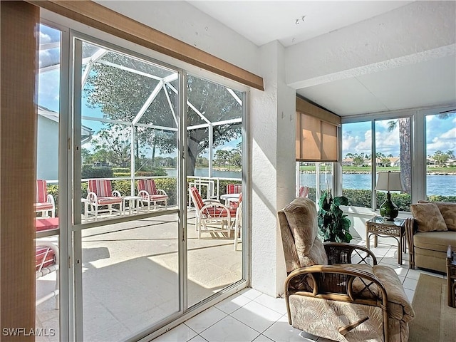 sunroom with a water view