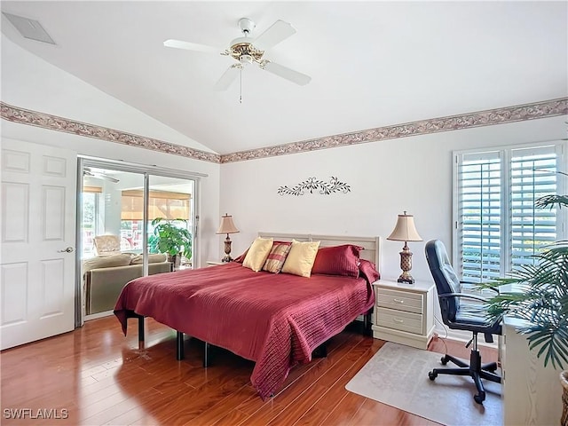 bedroom with lofted ceiling, access to outside, ceiling fan, and wood finished floors