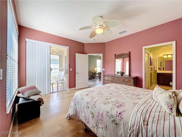 bedroom with connected bathroom and ceiling fan