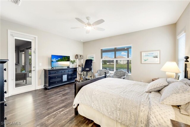 bedroom featuring dark wood-type flooring and ceiling fan