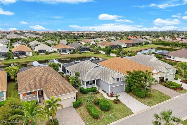 aerial view featuring a water view