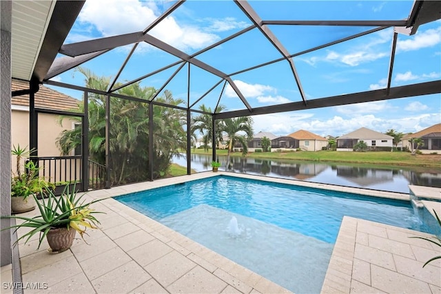 view of swimming pool with a water view, a lanai, pool water feature, and a patio area