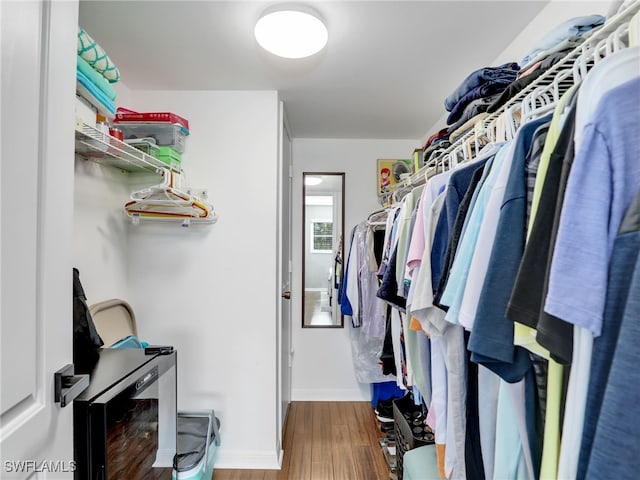 walk in closet with hardwood / wood-style floors