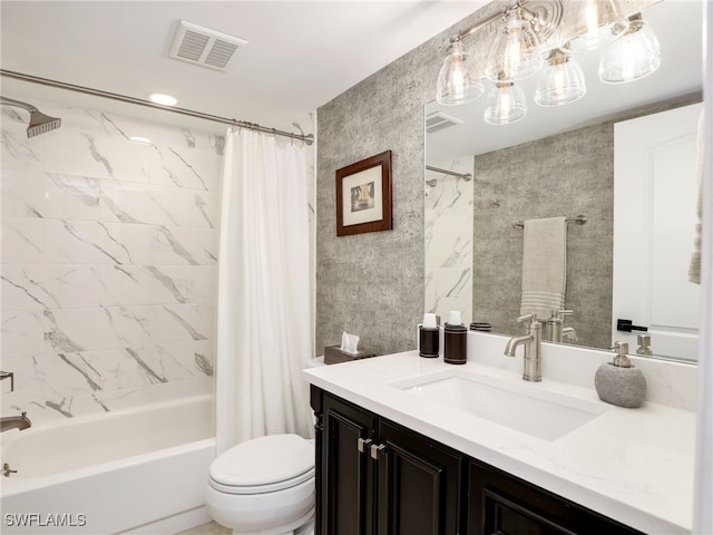 full bathroom with toilet, shower / bathtub combination with curtain, and vanity