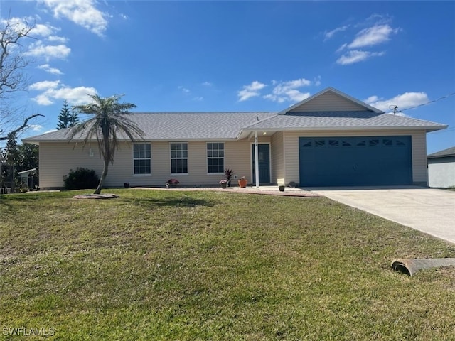 single story home featuring a garage and a front yard