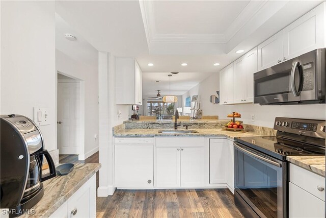 kitchen featuring white cabinetry, kitchen peninsula, appliances with stainless steel finishes, a tray ceiling, and sink