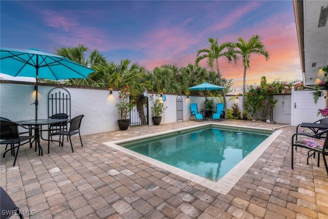 pool at dusk featuring a patio area