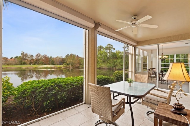 sunroom with a water view and ceiling fan with notable chandelier