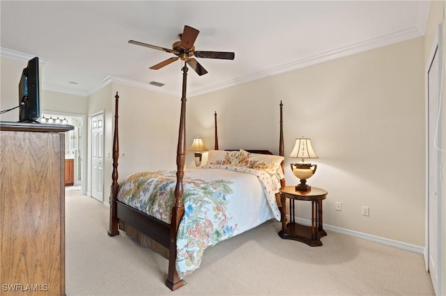 bedroom featuring ceiling fan, light carpet, and ornamental molding