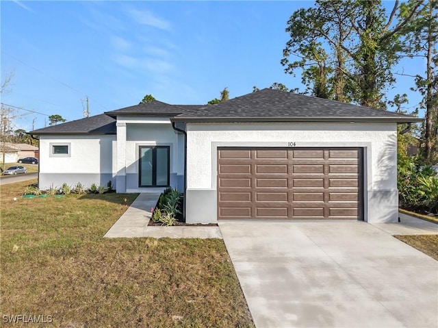 view of front of property featuring a garage and a front lawn