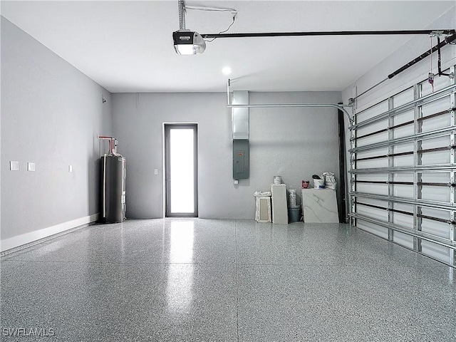 garage featuring a garage door opener, electric panel, and electric water heater