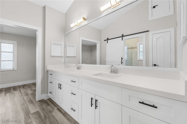 bathroom featuring lofted ceiling, walk in shower, wood-type flooring, and vanity