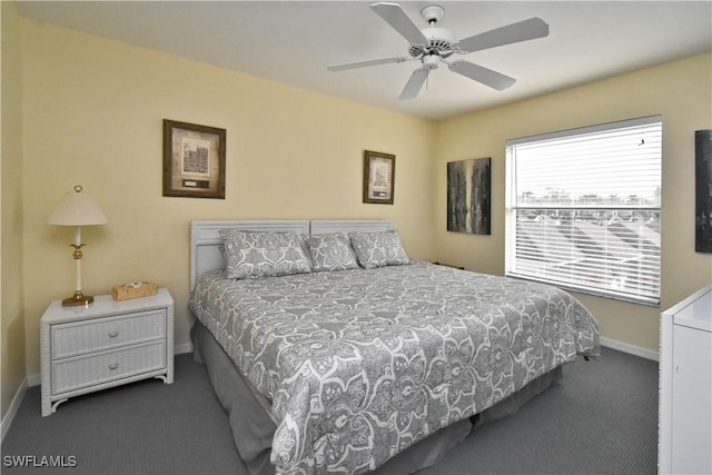 bedroom with ceiling fan and dark colored carpet