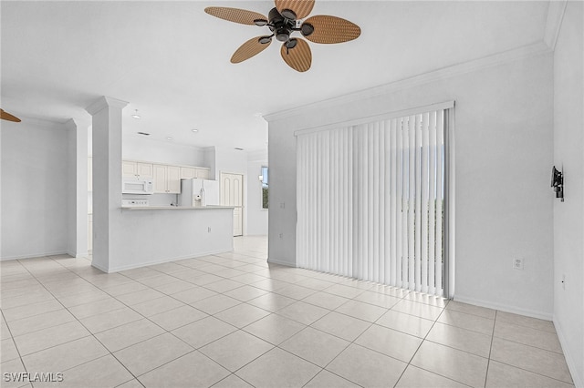 unfurnished living room with ceiling fan, light tile patterned flooring, and crown molding