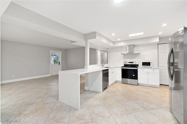 kitchen with sink, white cabinetry, stainless steel appliances, extractor fan, and kitchen peninsula