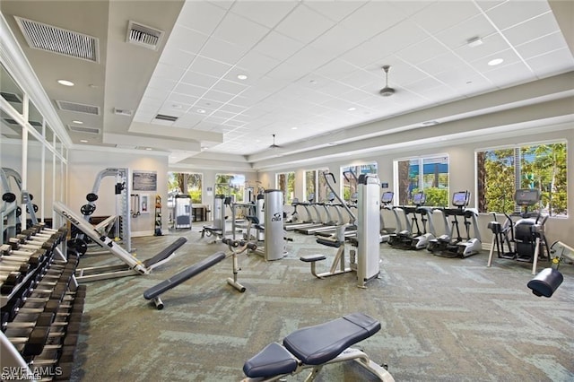 workout area featuring a paneled ceiling, carpet floors, and a tray ceiling