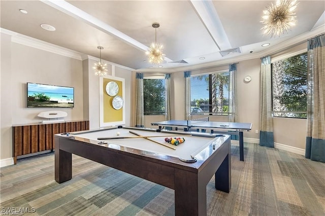 recreation room with light colored carpet, billiards, a notable chandelier, and crown molding