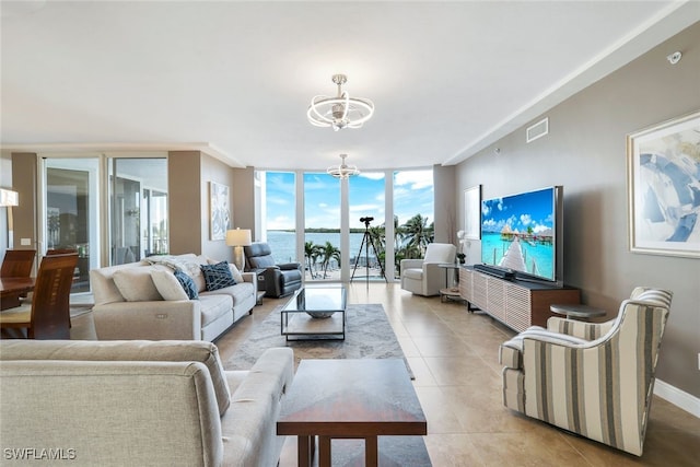 living room featuring a wall of windows, light tile patterned floors, and a chandelier