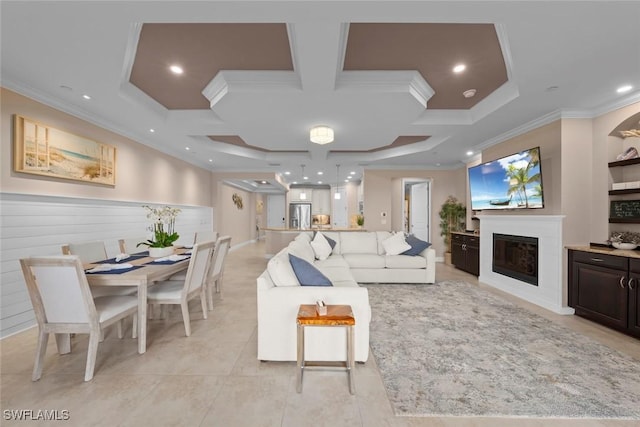 living room featuring coffered ceiling, light tile patterned floors, and crown molding