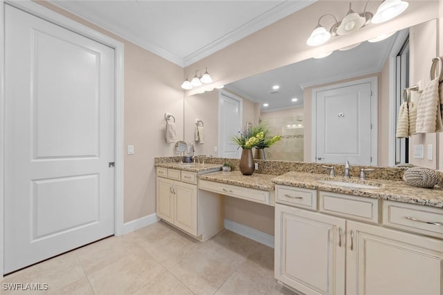 bathroom featuring tile patterned flooring, crown molding, vanity, and walk in shower