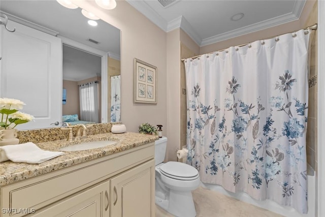 bathroom featuring ornamental molding, toilet, vanity, and a shower with shower curtain