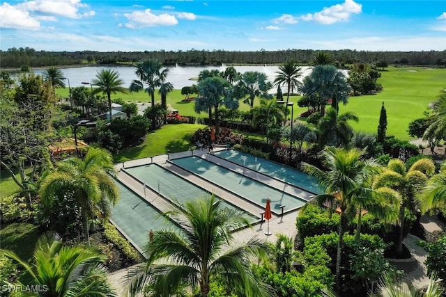 birds eye view of property featuring a water view