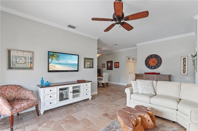 living room featuring ceiling fan and crown molding