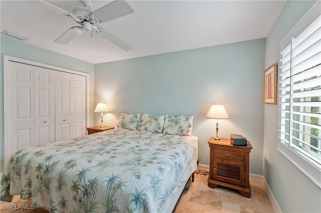 bedroom featuring ceiling fan and a closet