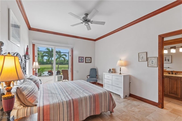 bedroom with ceiling fan, access to outside, ensuite bath, sink, and ornamental molding