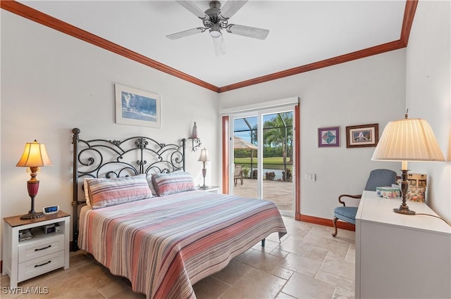 bedroom with ceiling fan, crown molding, and access to outside