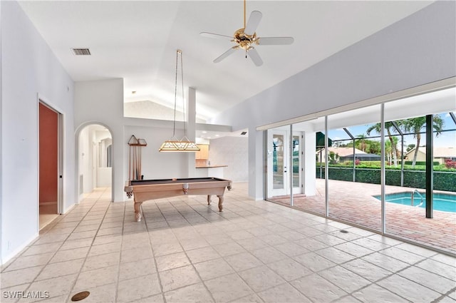 recreation room featuring ceiling fan and lofted ceiling