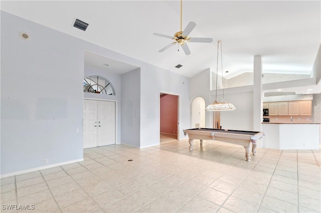 playroom with ceiling fan, billiards, and high vaulted ceiling