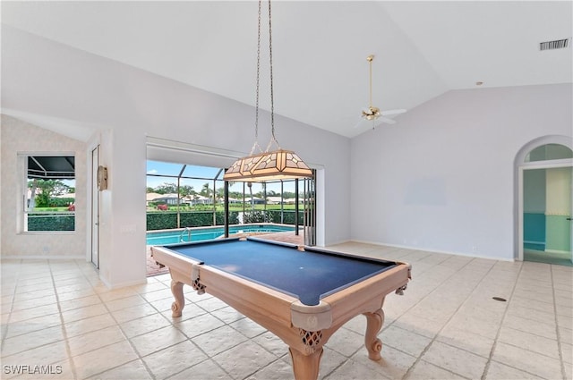 playroom with vaulted ceiling, ceiling fan, and billiards