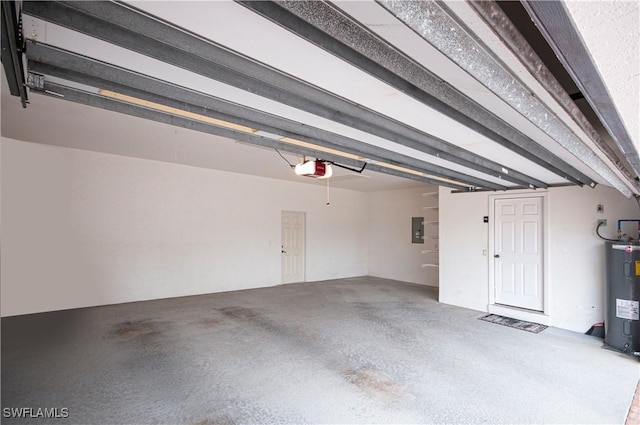 garage featuring a garage door opener, electric panel, and electric water heater